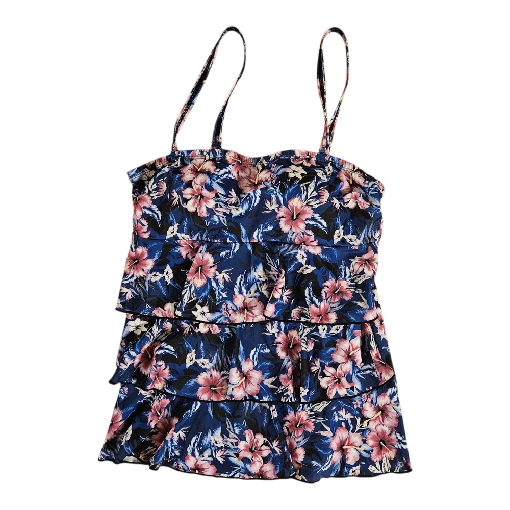 Shore Fit Blue Floral Tiered Spaghetti Strap Tankini NWT Size 10